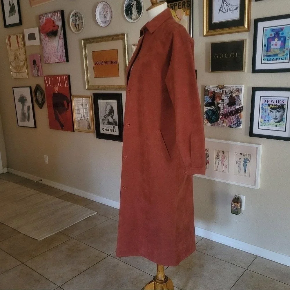 Halston 70s Rust Ultrasuede Longline Duster Coat‎ Button Front Collared XL